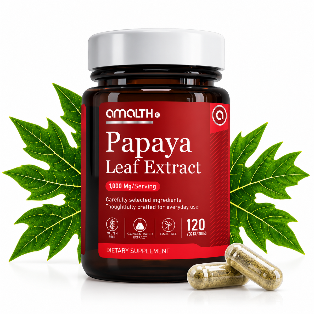 Amalth Papaya Leaf Extract bottle, 1,000mg per serving, 120 veg capsules