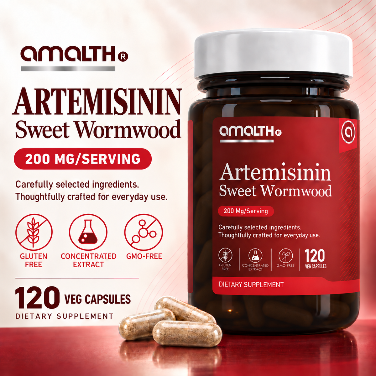 Amalth Sweet Wormwood Extract with Black Pepper bottle with vegan capsules
