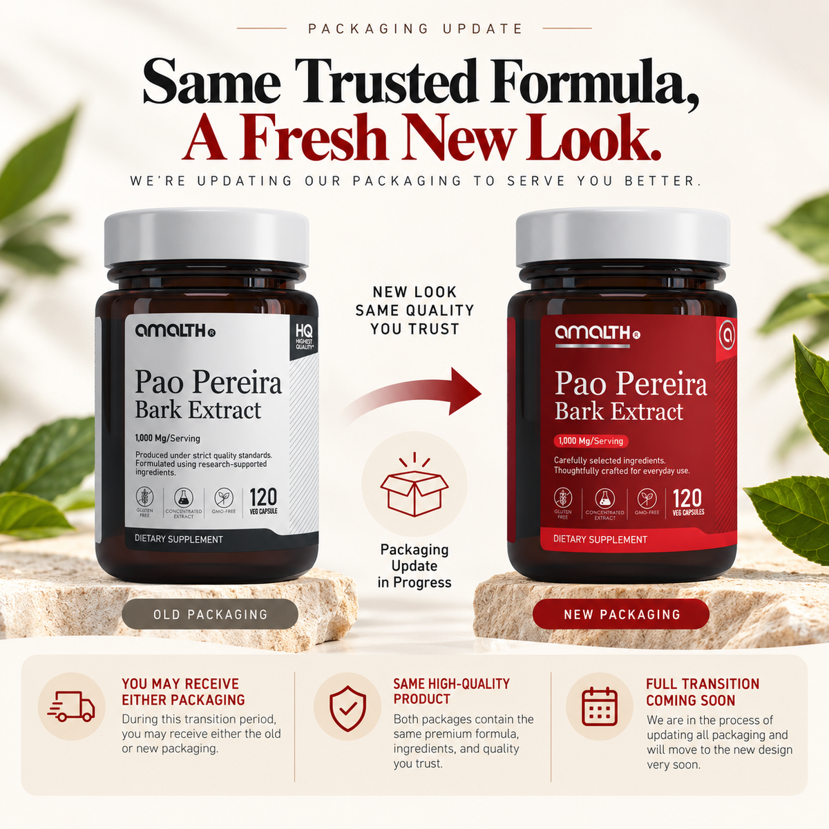 Amalth Pao Pereira Bark Extract old and new bottle packaging, same formula