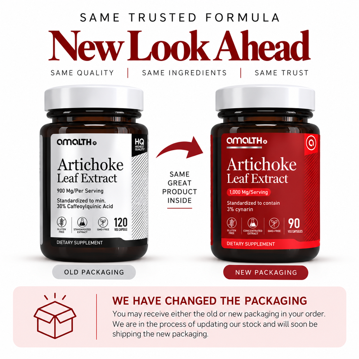 Amalth Artichoke Leaf Extract old and new bottle packaging, same formula