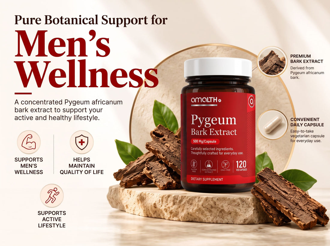 Amalth Pygeum Bark Extract capsules with pieces of African cherry bark