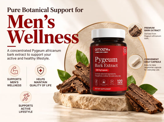 Amalth Pygeum Bark Extract capsules with pieces of African cherry bark