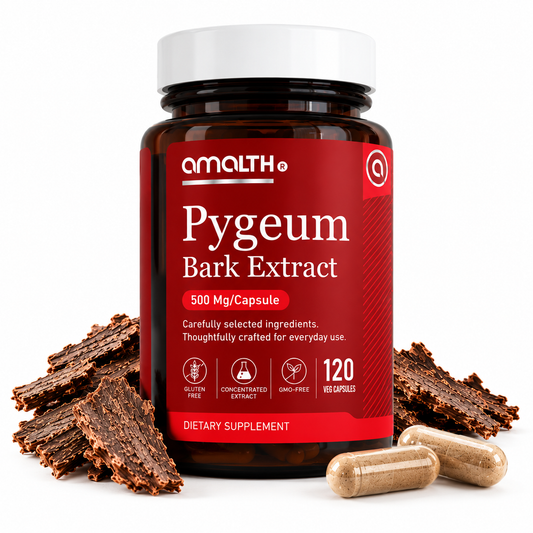 Amalth Pygeum Bark Extract bottle, 500mg per serving, 120 veg capsules