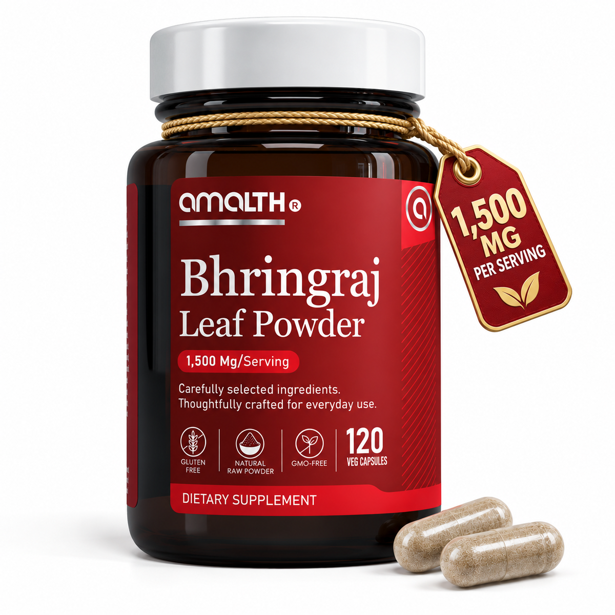 Amalth Bhringraj Leaf Powder bottle, 1,500mg per serving, 120 veg capsules