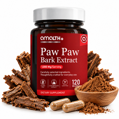 Amalth Paw Paw Bark Extract bottle, 1,000mg per serving, 120 veg capsules