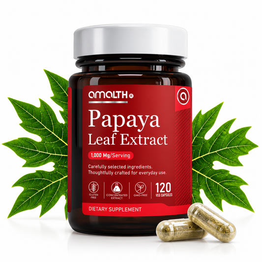 Amalth Papaya Leaf Extract bottle, 1,000mg per serving, 120 veg capsules
