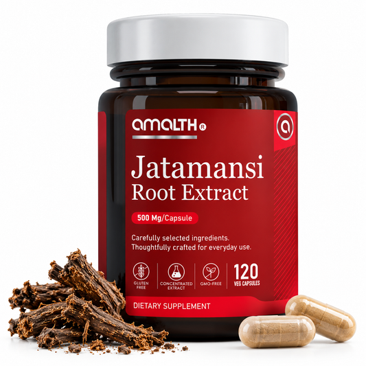 Amalth Jatamansi Root Extract bottle, 500mg per serving, 120 veg capsules