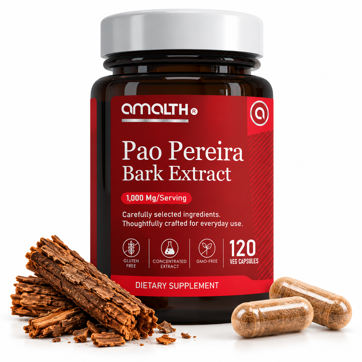 Amalth Pao Pereira Bark Extract bottle, 1,000mg per serving, 120 veg capsules