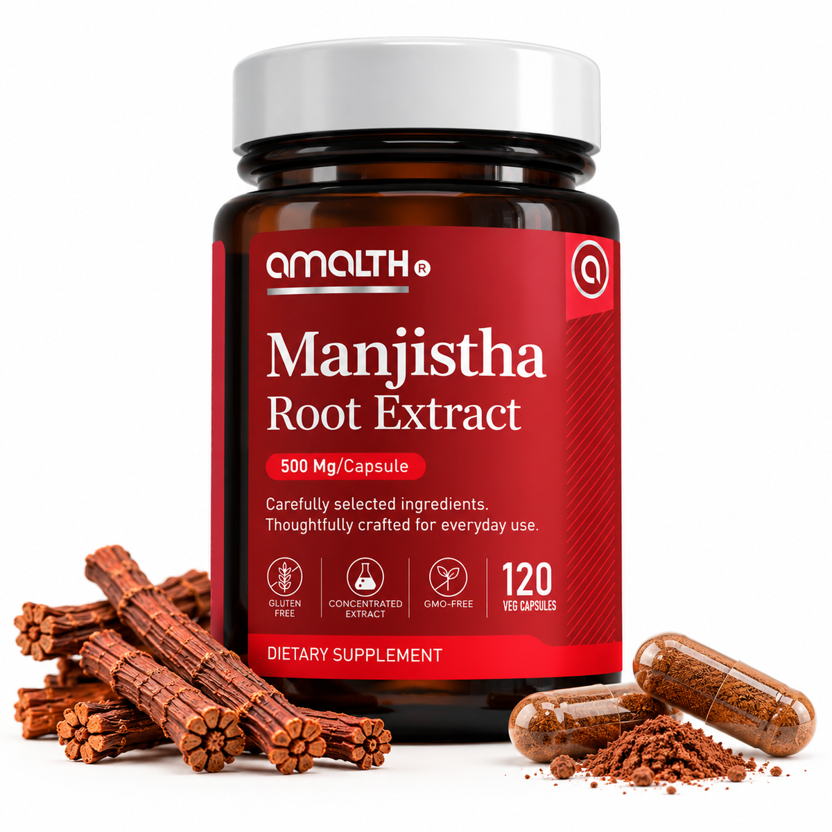 Amalth Manjistha Root Extract bottle, 500mg per serving, 120 veg capsules