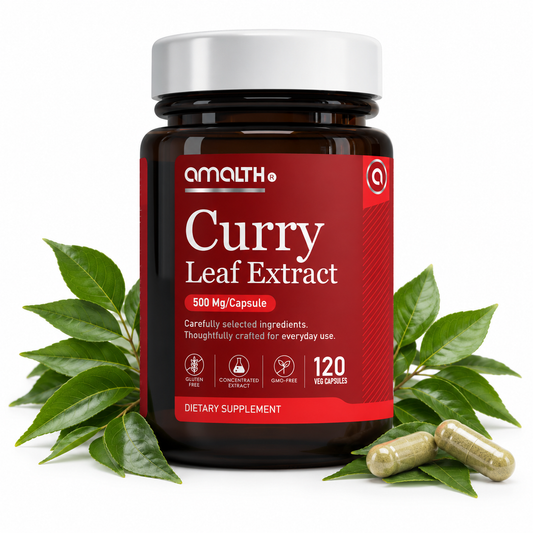 Amalth Curry Leaf Extract bottle, 500mg per serving, 120 veg capsules