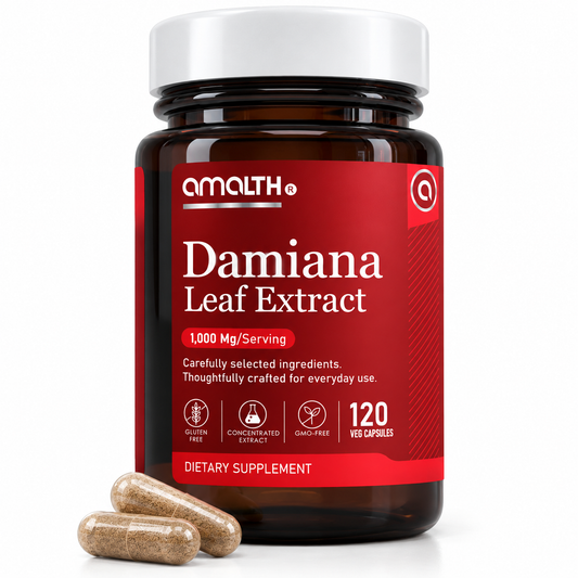 Amalth Damiana Leaf Extract bottle, 1,000mg per serving, 120 veg capsules