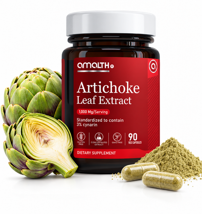 Amalth Artichoke Leaf Extract bottle, 1,000mg per serving, 90 veg capsules
