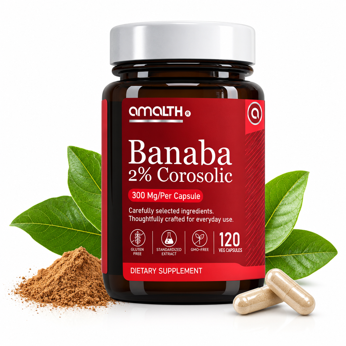Amalth Banaba Leaf Extract bottle, 300mg per serving, 120 veg capsules