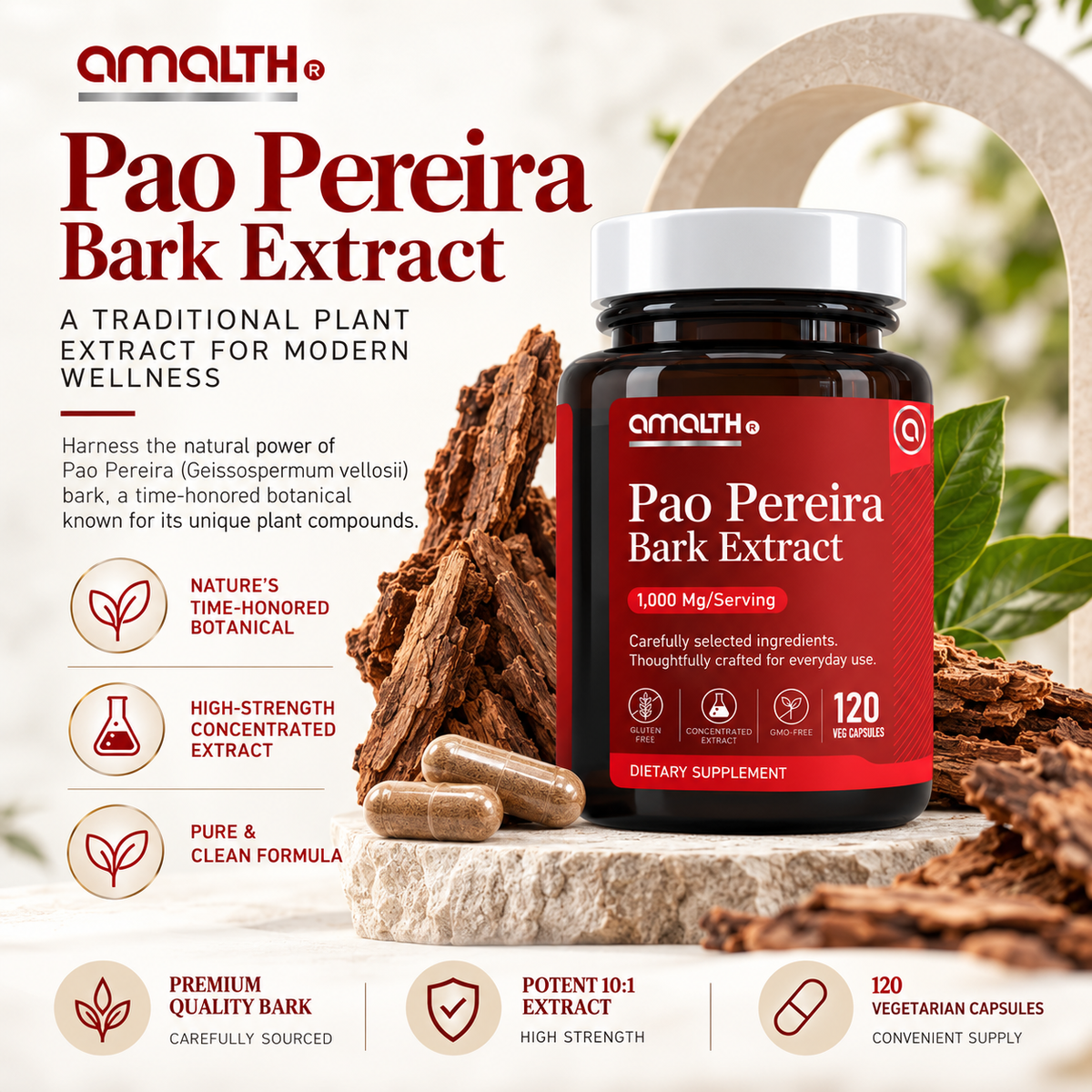 Amalth Pao Pereira Bark Extract bottle with vegan capsules