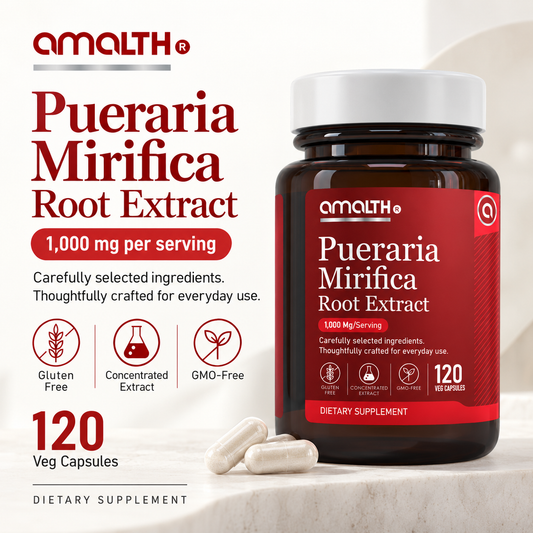 Amalth Pueraria Mirifica Root Extract bottle with vegan capsules