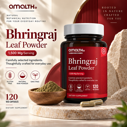 Amalth Bhringraj Leaf Powder bottle with vegan capsules
