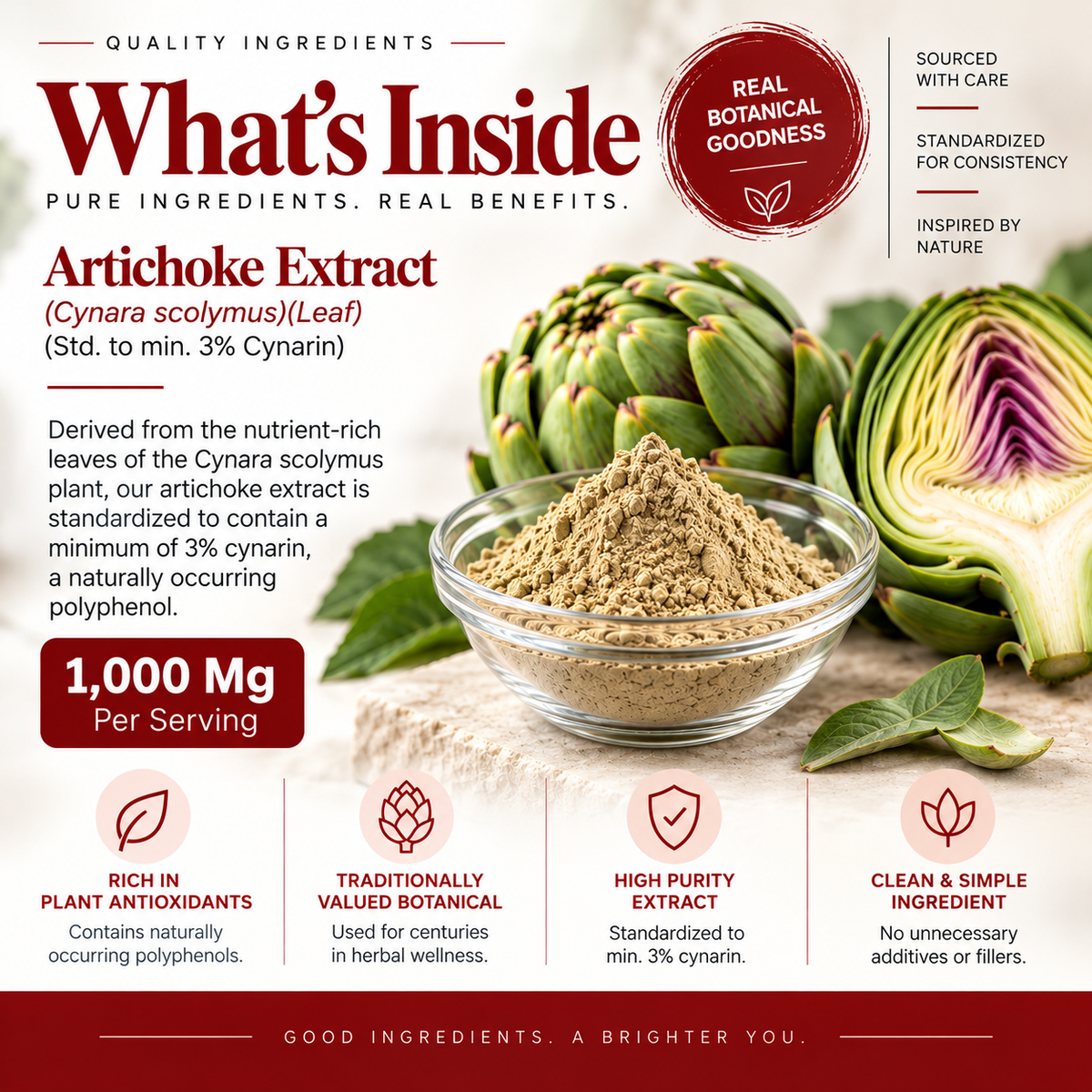 Artichoke Leaf Extract (Cynara scolymus), std. to min. 3% cynarin, the ingredient in Amalth Artichoke Leaf Extract