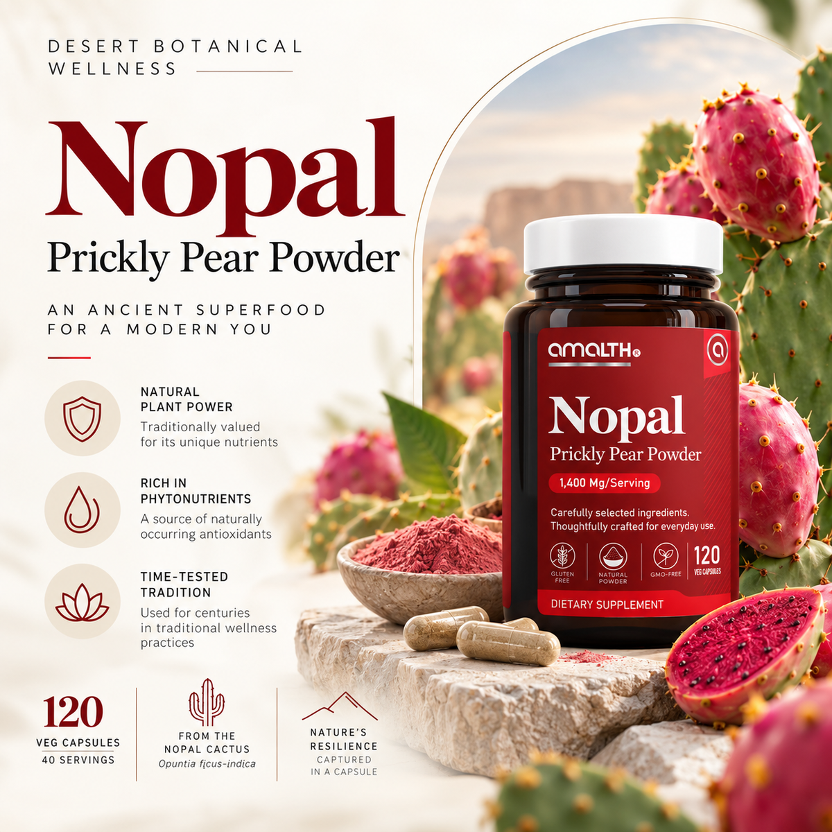 Amalth Nopal Prickly Pear Powder bottle with vegan capsules