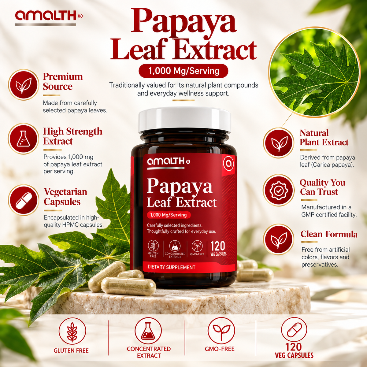 Papaya Leaf Extract Digestive Enzymes 120 Veg Capsules