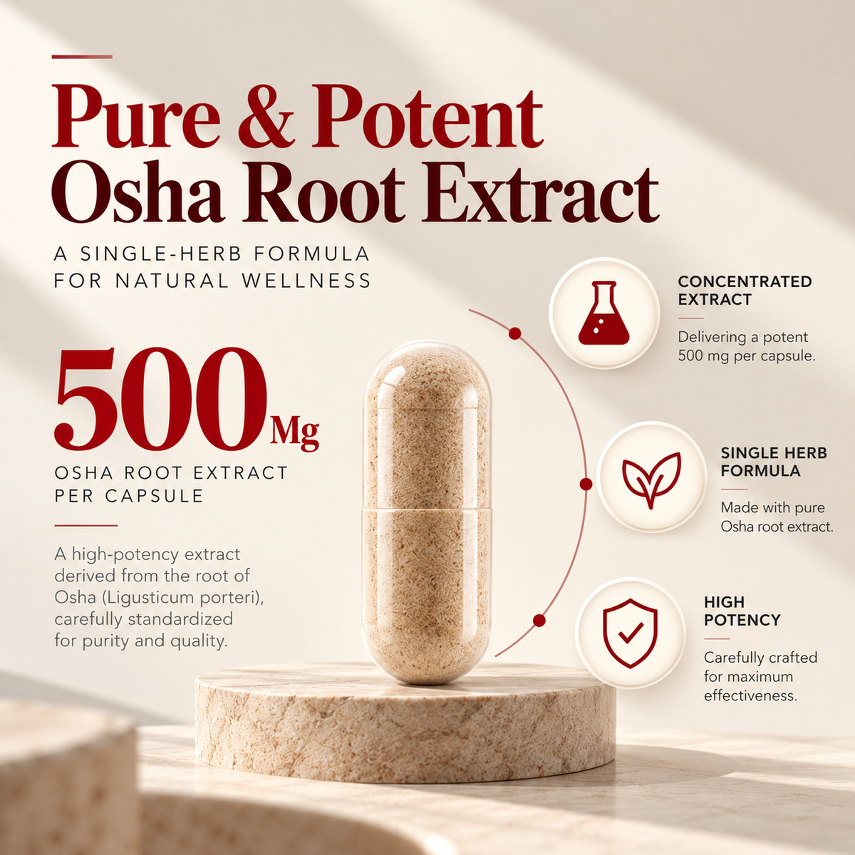 Amalth Osha Root Extract supplement facts: 500mg osha root 10:1 extract per serving