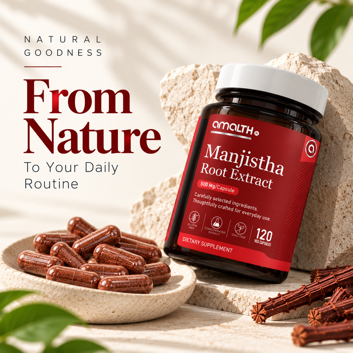 Close-up of the Amalth Manjistha Root Extract bottle and capsules