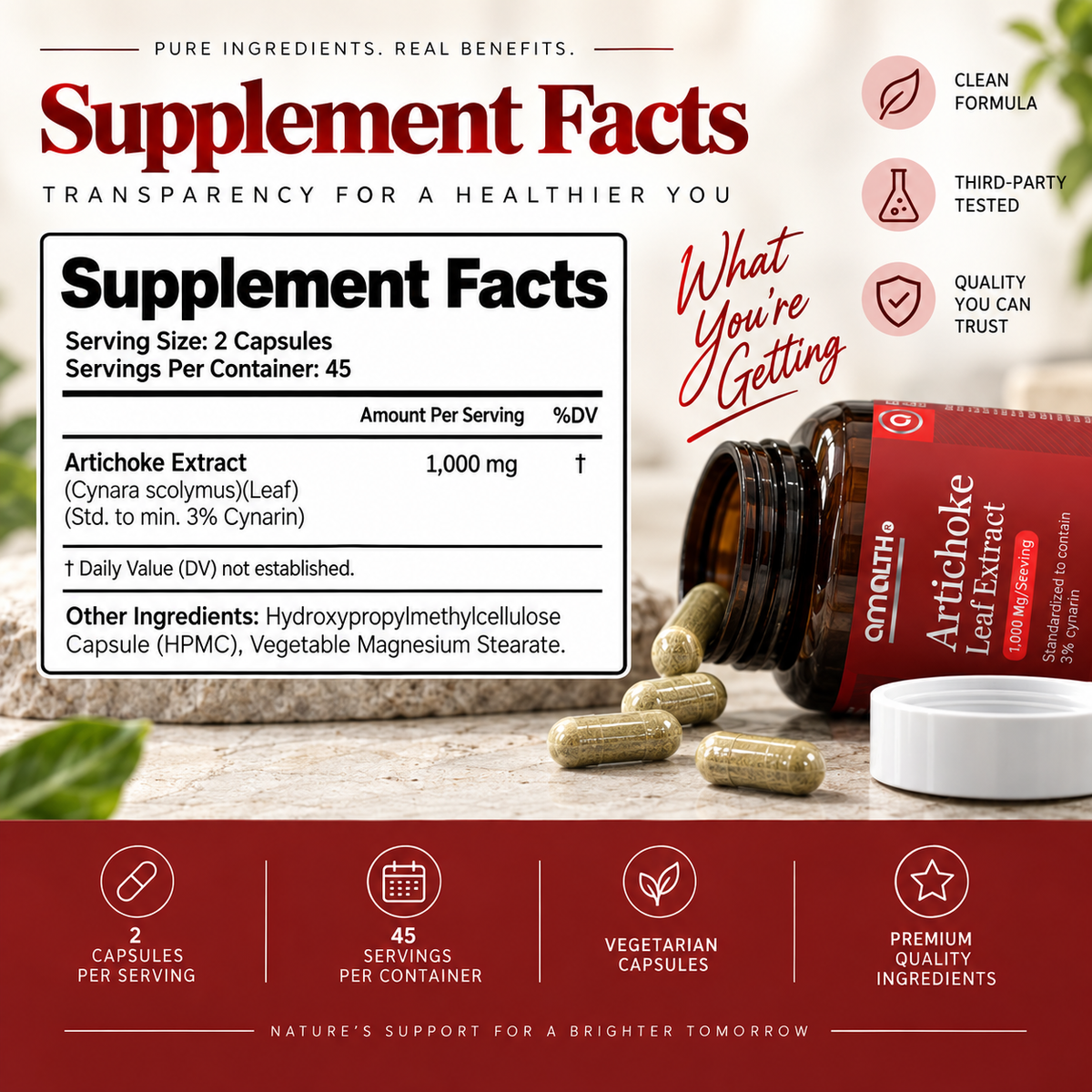 Amalth Artichoke Leaf Extract supplement facts: 1,000mg artichoke leaf extract per serving