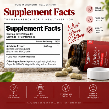 Amalth Artichoke Leaf Extract supplement facts: 1,000mg artichoke leaf extract per serving