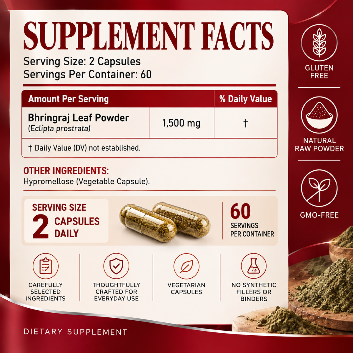 Amalth Bhringraj Leaf Powder supplement facts: 1,500mg bhringraj leaf powder per serving