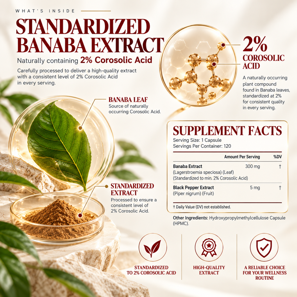 Amalth Banaba Leaf Extract supplement facts: 300mg banaba leaf extract per serving