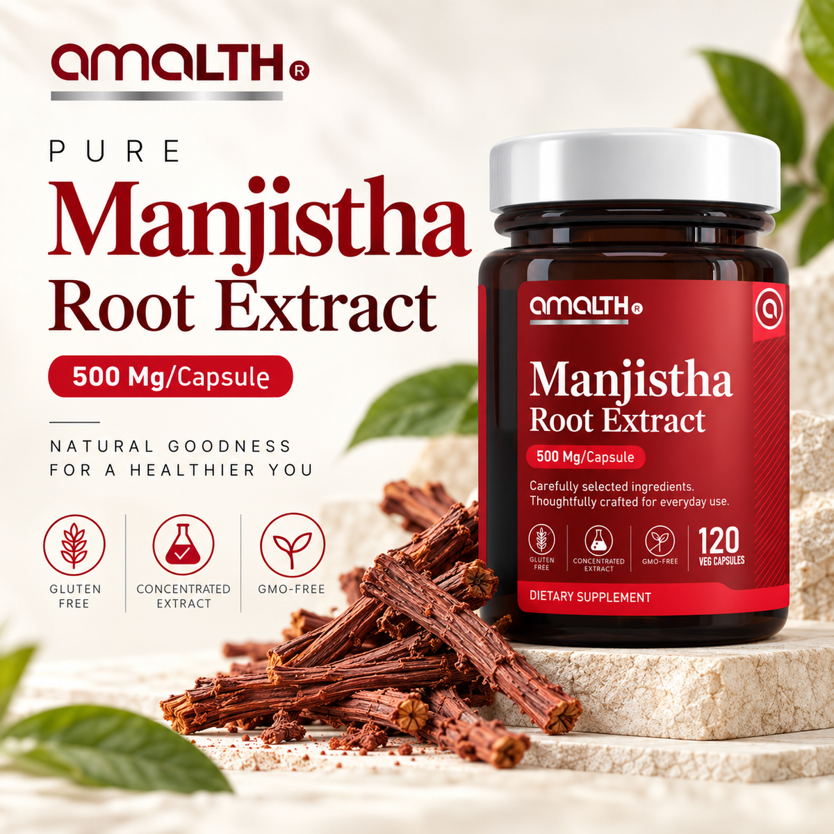 Amalth Manjistha Root Extract 120 veg capsule bottle, label details