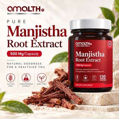 Amalth Manjistha Root Extract 120 veg capsule bottle, label details