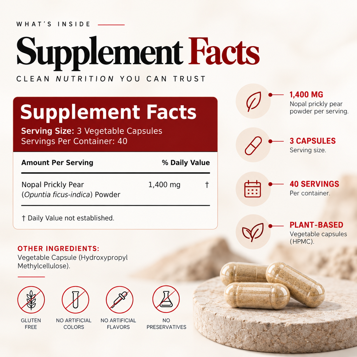 Amalth Nopal Prickly Pear Powder supplement facts: 1,400mg nopal prickly pear powder per serving