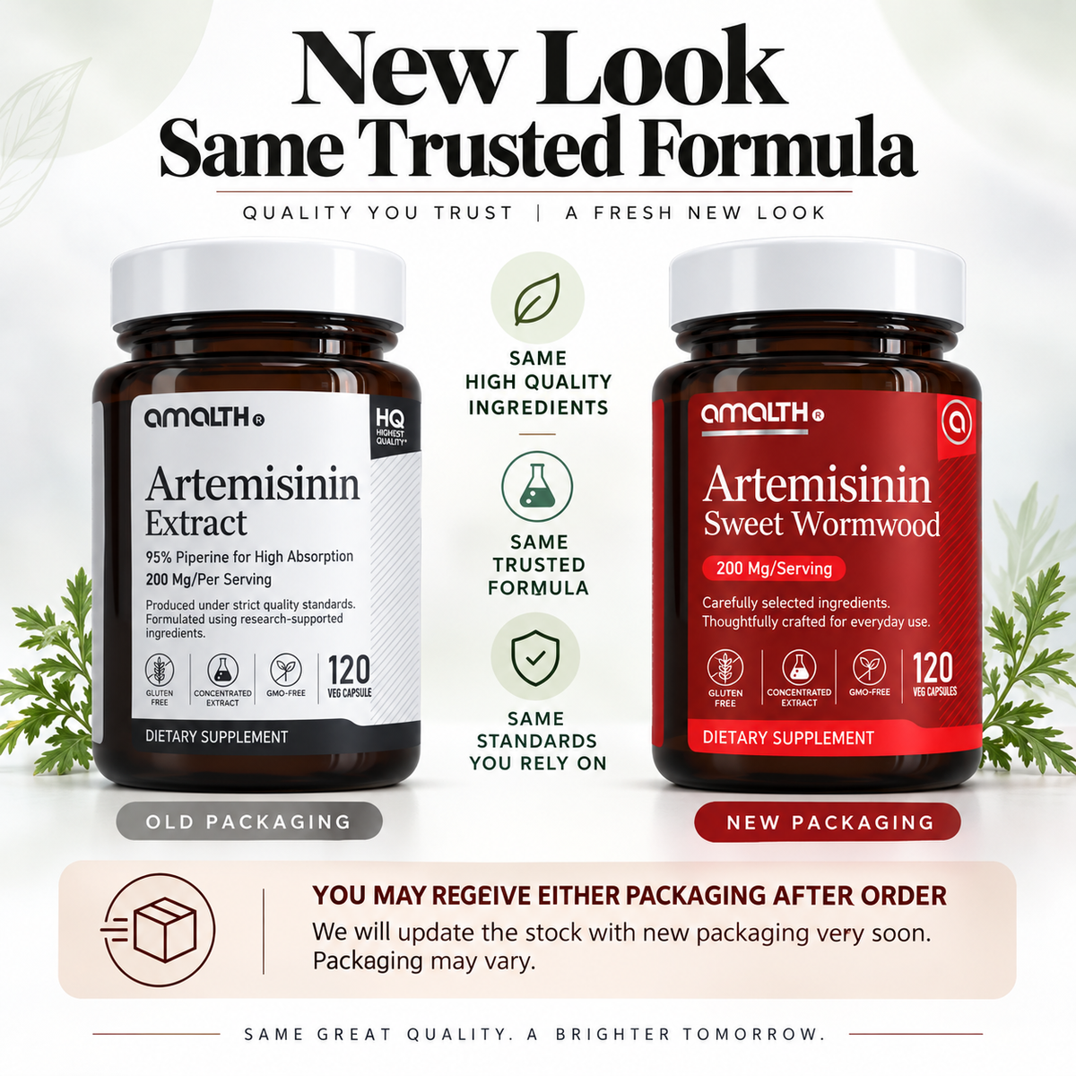 Amalth Sweet Wormwood Extract with Black Pepper old and new bottle packaging, same formula