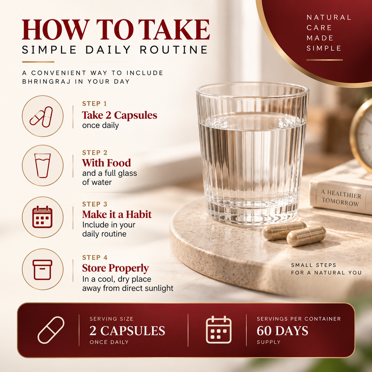 How to take Amalth Bhringraj Leaf Powder: 2 capsules daily with water