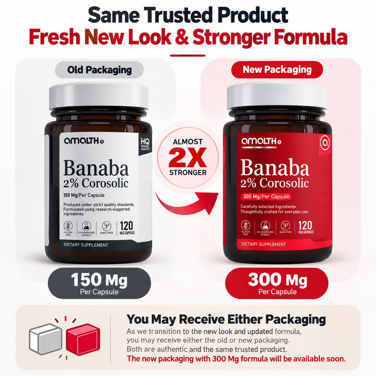 Amalth Banaba Leaf Extract old and new bottle packaging, same formula