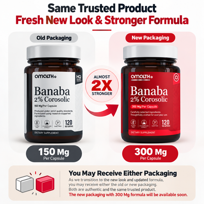 Amalth Banaba Leaf Extract old and new bottle packaging, same formula