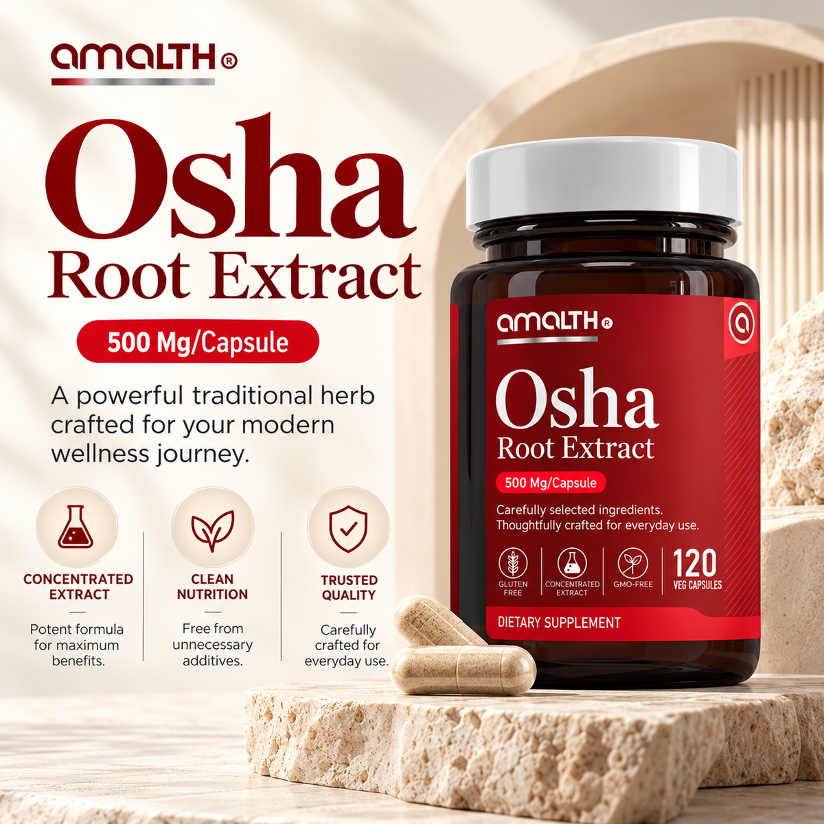 Amalth Osha Root Extract bottle with vegan capsules