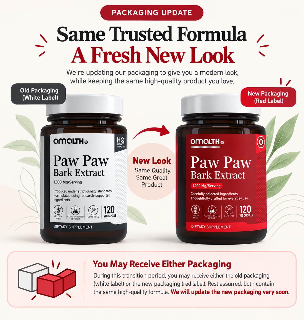 Amalth Paw Paw Bark Extract old and new bottle packaging, same formula