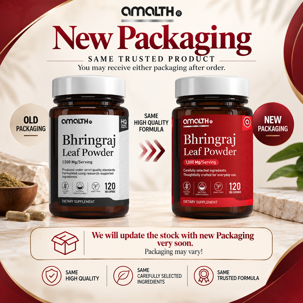 Amalth Bhringraj Leaf Powder old and new bottle packaging, same formula