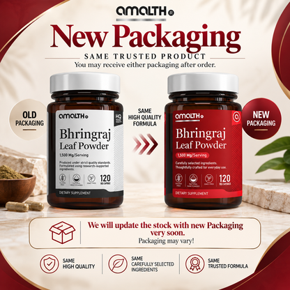 Amalth Bhringraj Leaf Powder old and new bottle packaging, same formula