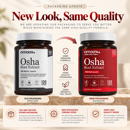Amalth Osha Root Extract old and new bottle packaging, same formula